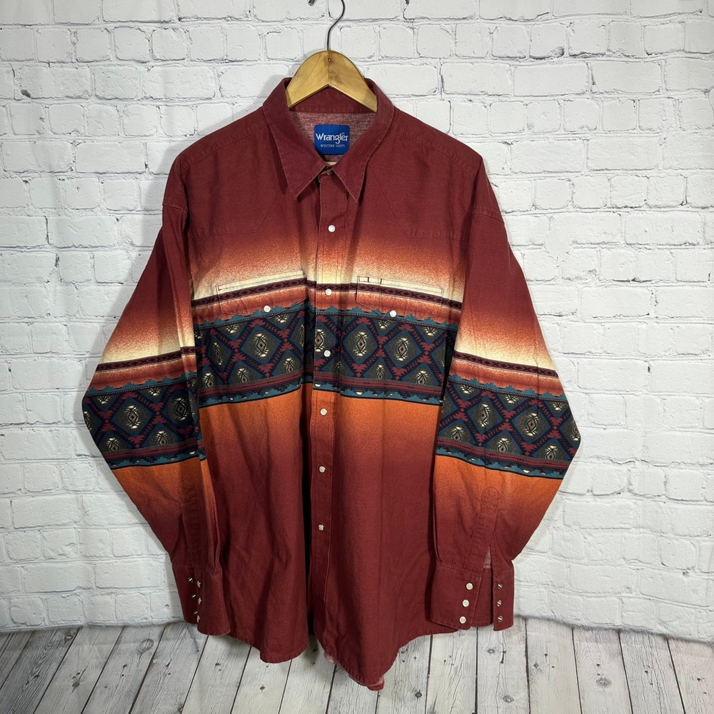 Wrangler Western Shirt Mens Burgundy Southwestern Aztec Pearl Snap Long Sleeve